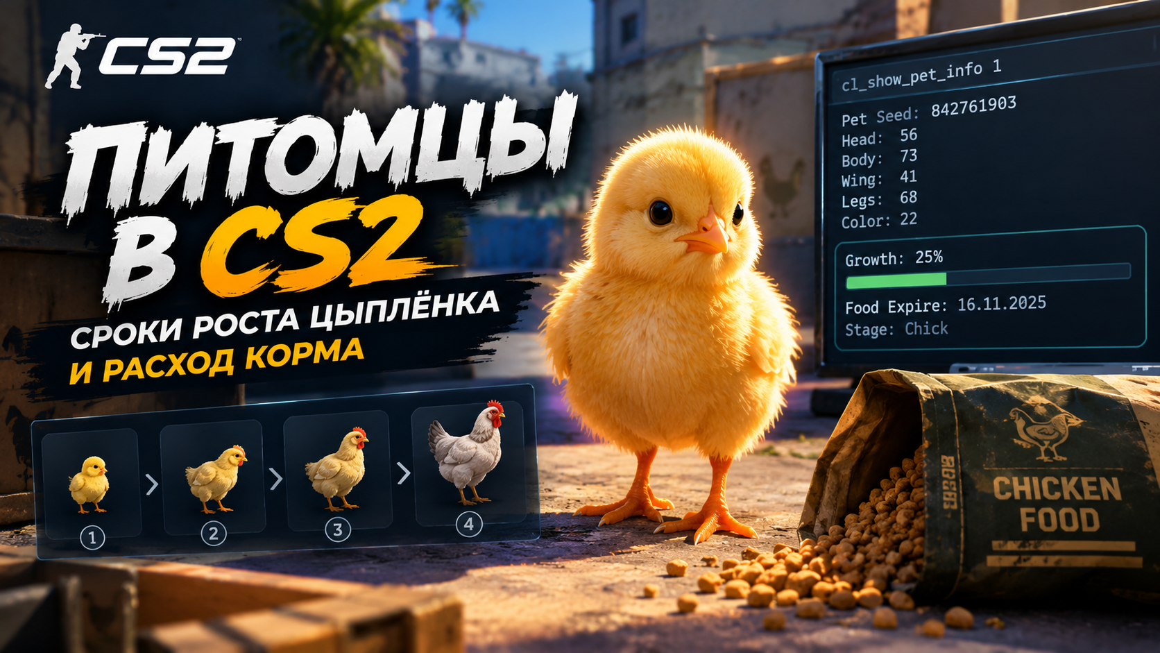 Питомцы в CS2 — рост цыплёнка и расход корма